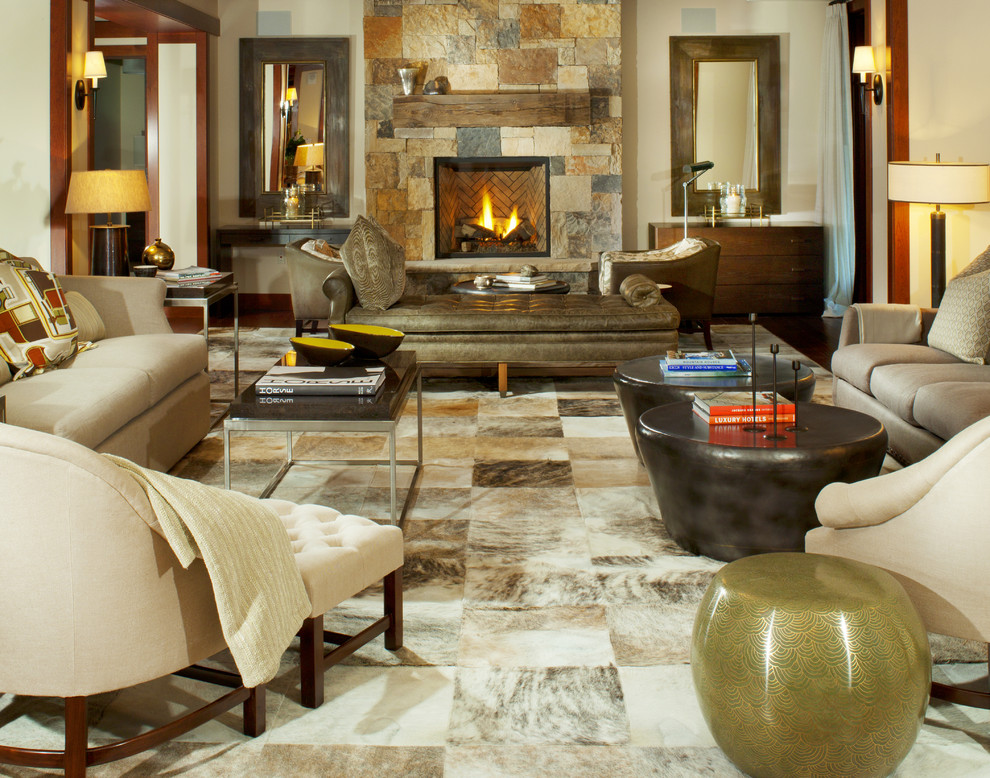 Photo of a contemporary living room in Denver with a standard fireplace and a stone fireplace surround.