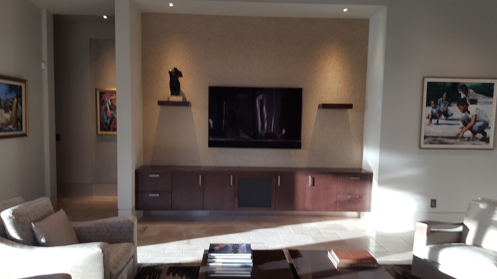 foyer bench and floating shelves Modern Living Room Miami by