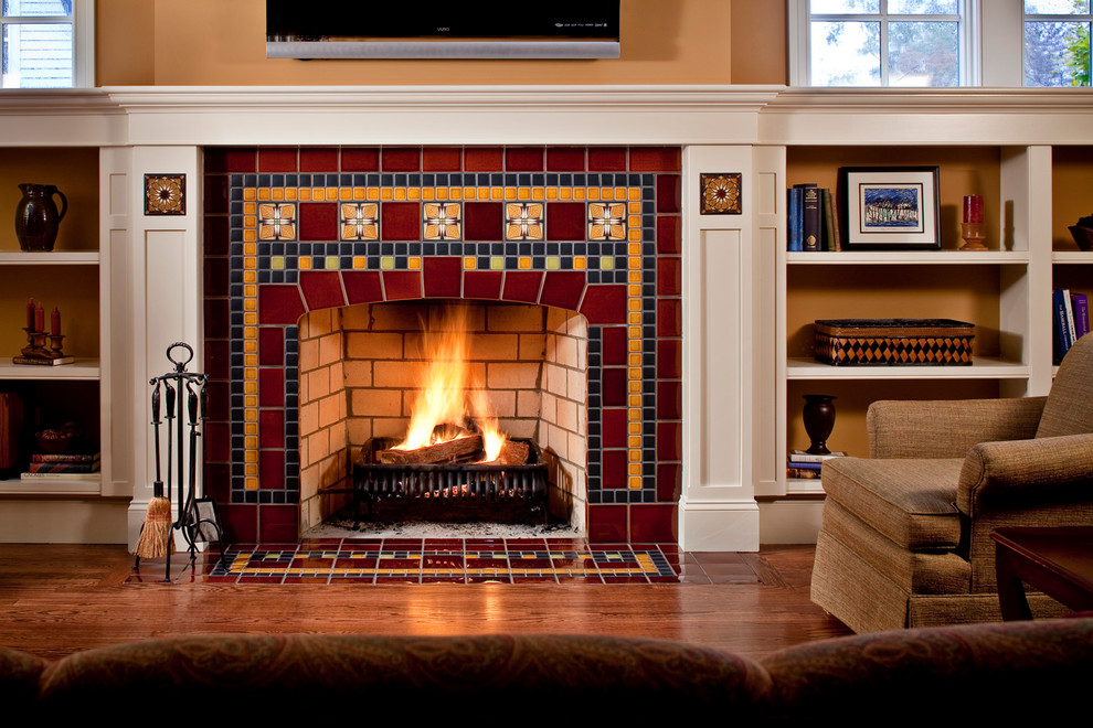 Inspiration for a classic living room in Detroit with a tiled fireplace surround.