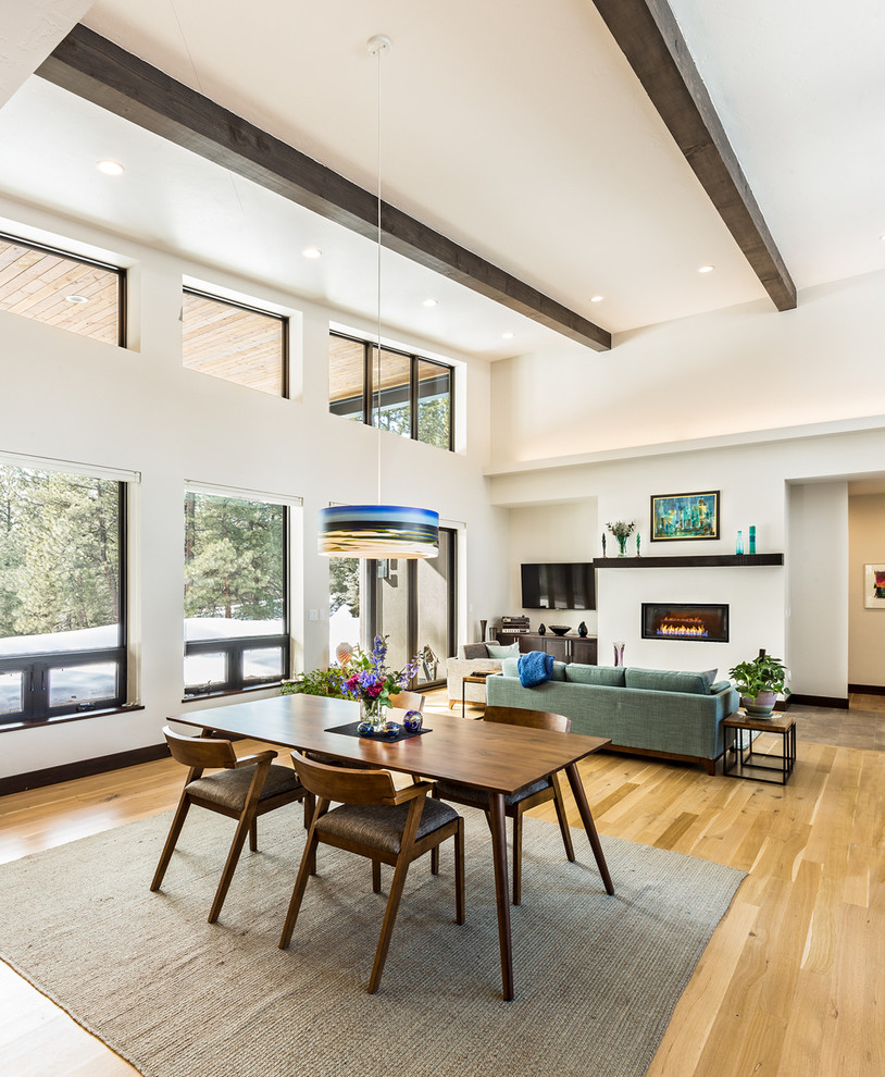 Offenes Modernes Wohnzimmer mit weißer Wandfarbe, braunem Holzboden, Gaskamin, TV-Wand und braunem Boden in Sonstige