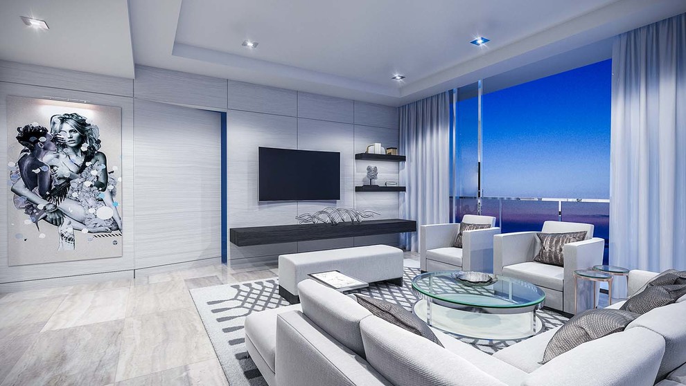 Mittelgroßes, Repräsentatives, Offenes Modernes Wohnzimmer ohne Kamin mit grauer Wandfarbe, Marmorboden und TV-Wand in Miami