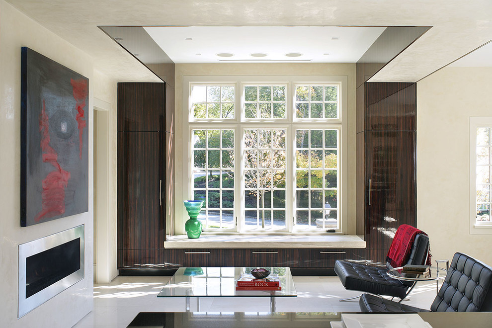 Repräsentatives, Offenes Modernes Wohnzimmer mit beiger Wandfarbe, Gaskamin und Kaminumrandung aus Metall in New York