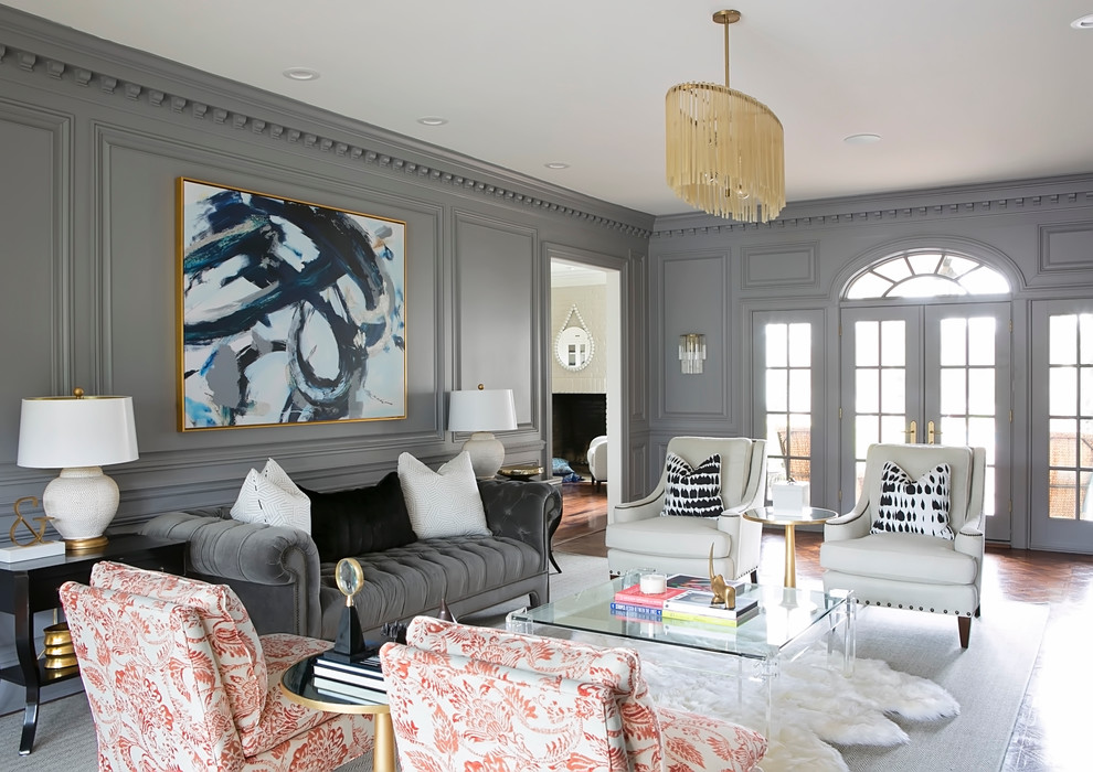 Traditional formal enclosed living room in Nashville with grey walls and medium hardwood flooring.