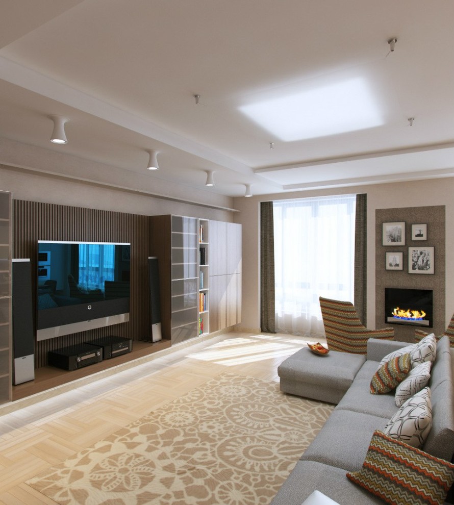 Источник вдохновения для домашнего уюта: гостиная комната в современном стиле с подвесным камином