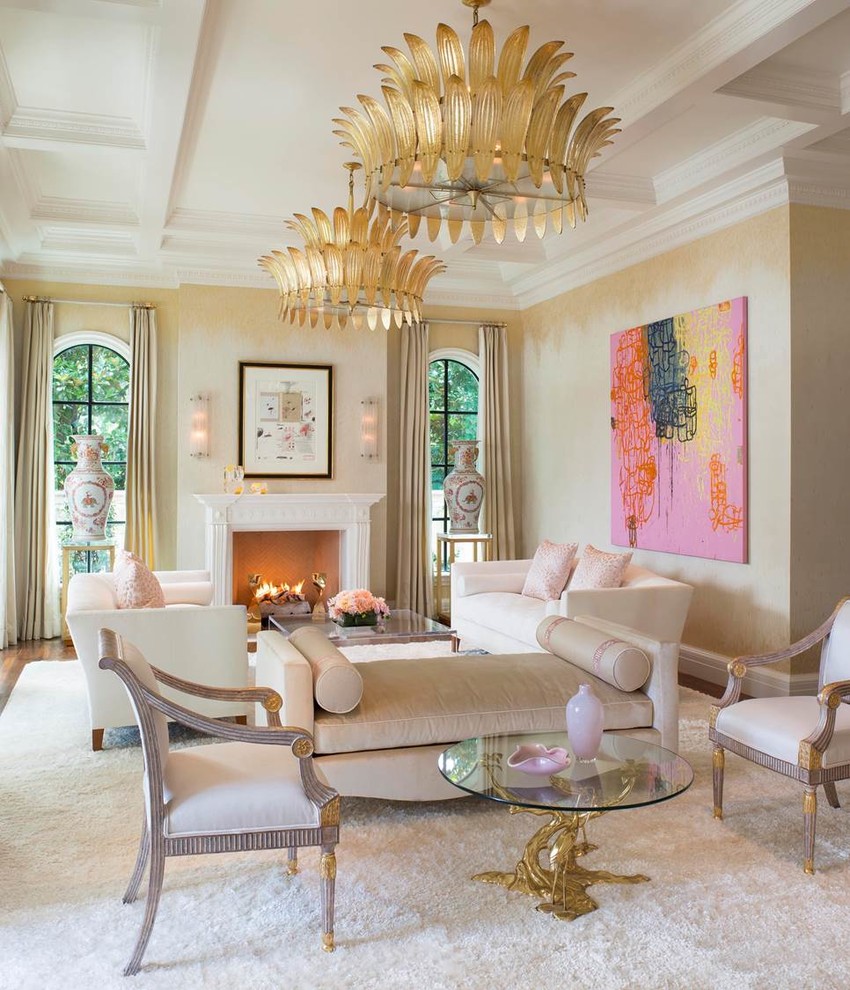 Mediterranean formal living room in Dallas with beige walls, dark hardwood flooring, a standard fireplace and no tv.