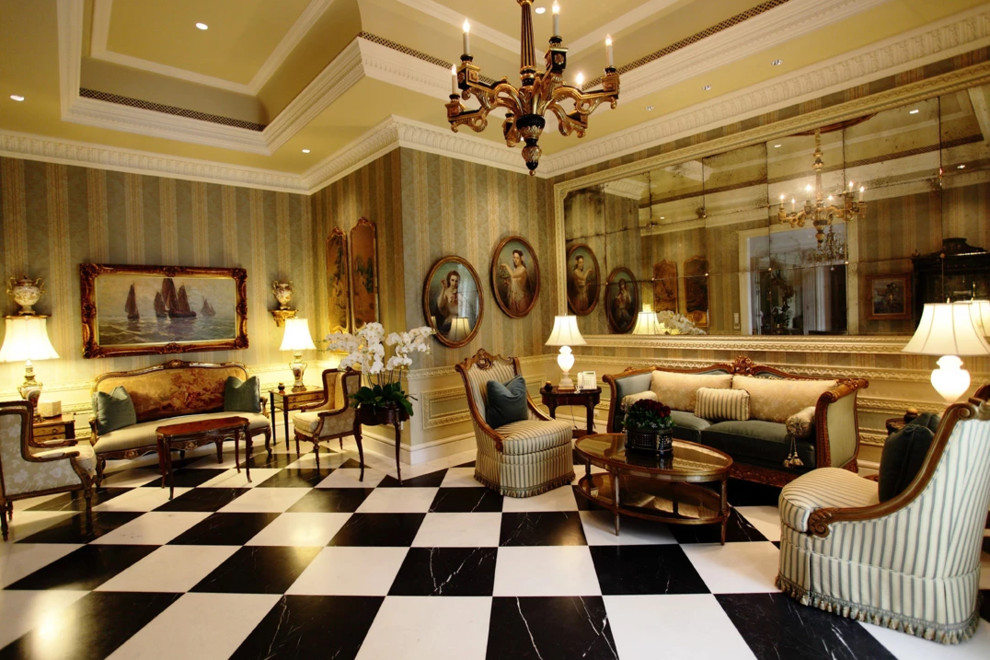 Imagen de salón para visitas cerrado clásico grande sin chimenea y televisor con paredes beige y suelo negro