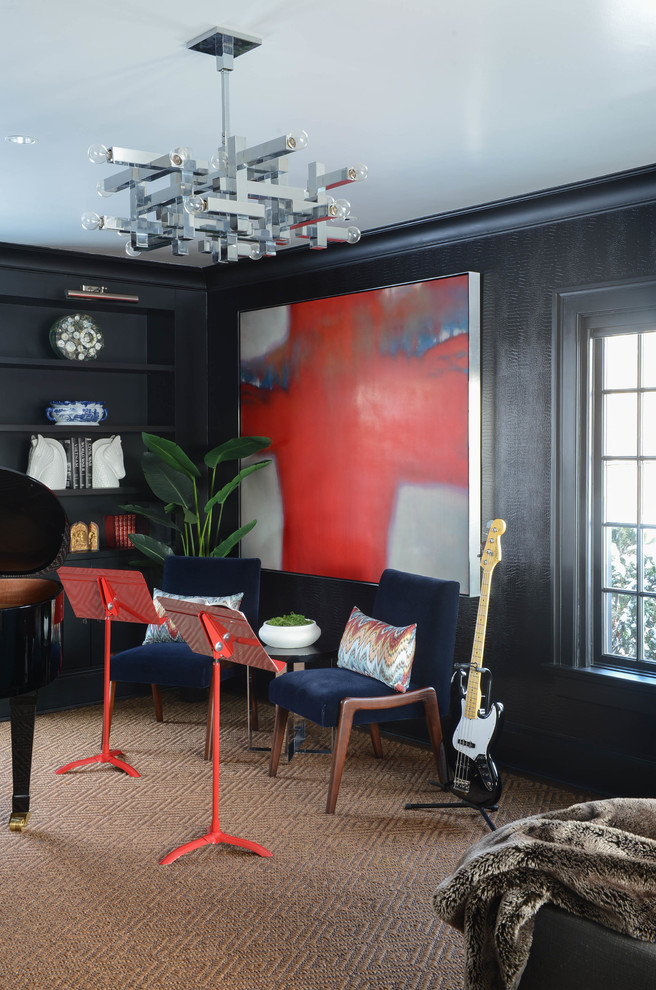 Стильный дизайн: изолированная гостиная комната в стиле неоклассика (современная классика) с музыкальной комнатой - последний тренд