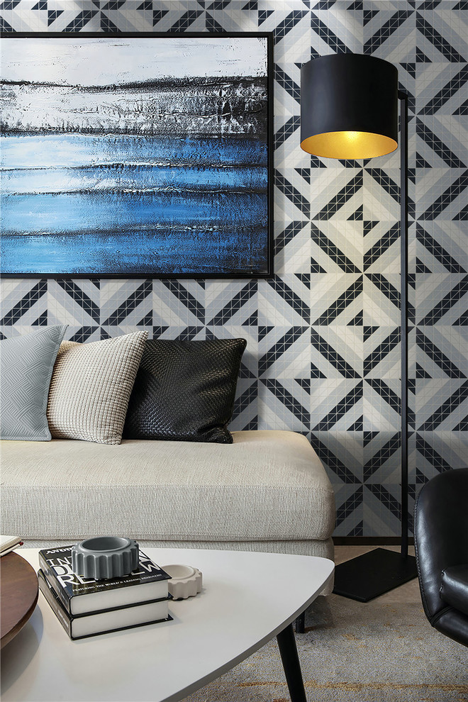 Idéer för ett modernt vardagsrum, med blå väggar, klinkergolv i porslin och blått golv
