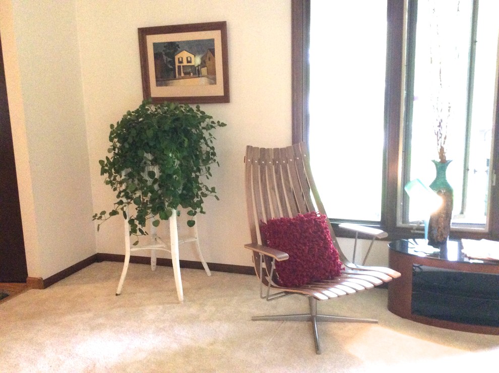 Idee per un piccolo soggiorno moderno chiuso con pareti beige e moquette