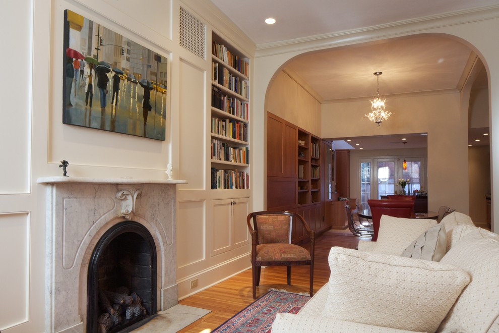 Example of a trendy living room design in Philadelphia with a stone fireplace