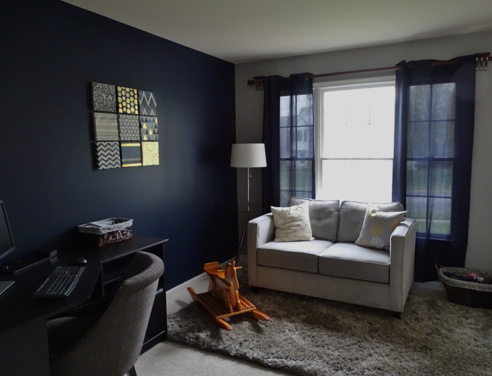 Ispirazione per un soggiorno moderno di medie dimensioni e aperto con moquette e pareti blu