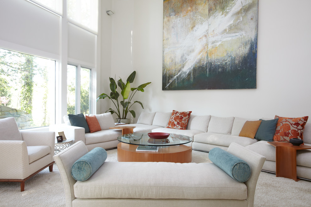 This is an example of a contemporary living room in DC Metro with white walls.