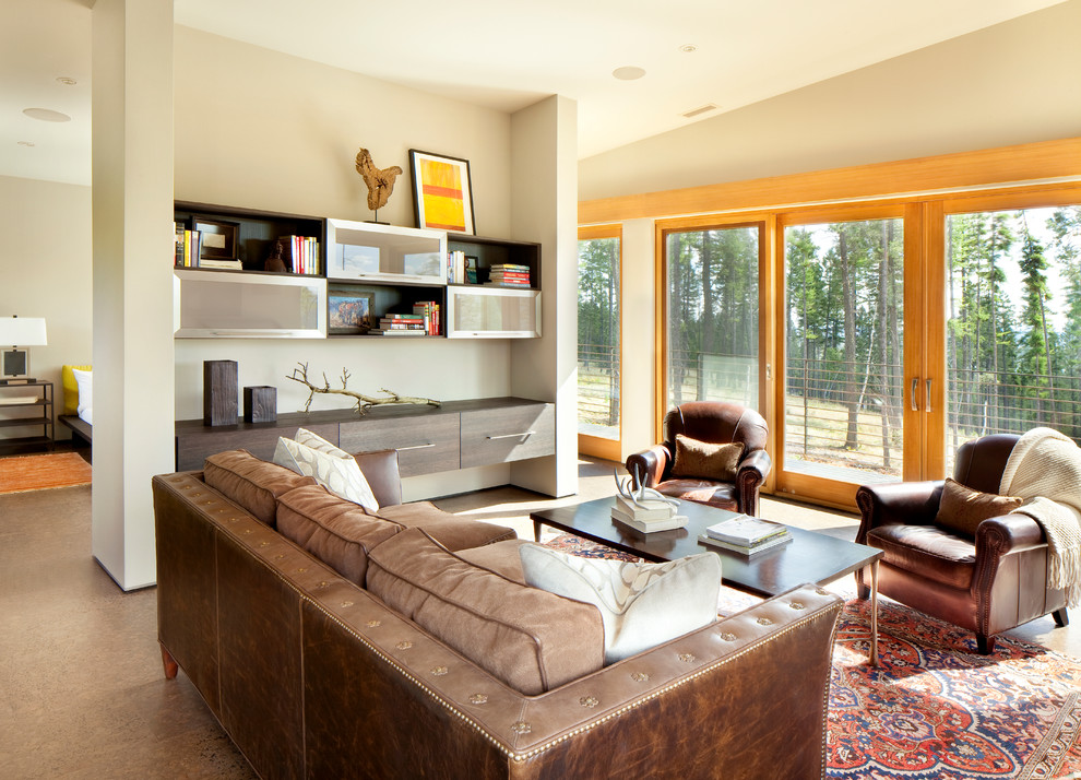 Example of a mid-sized transitional open concept living room design in Other with white walls