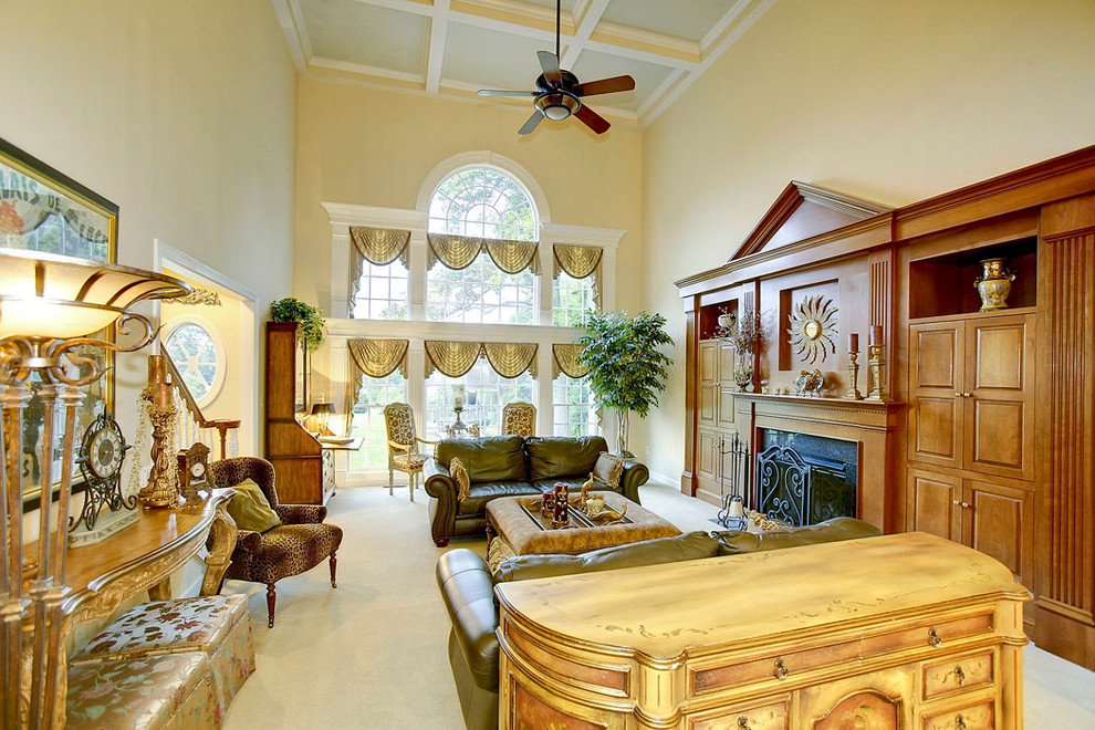 Photo of an expansive traditional formal open plan living room in Baltimore with beige walls, carpet, no fireplace and a built-in media unit.