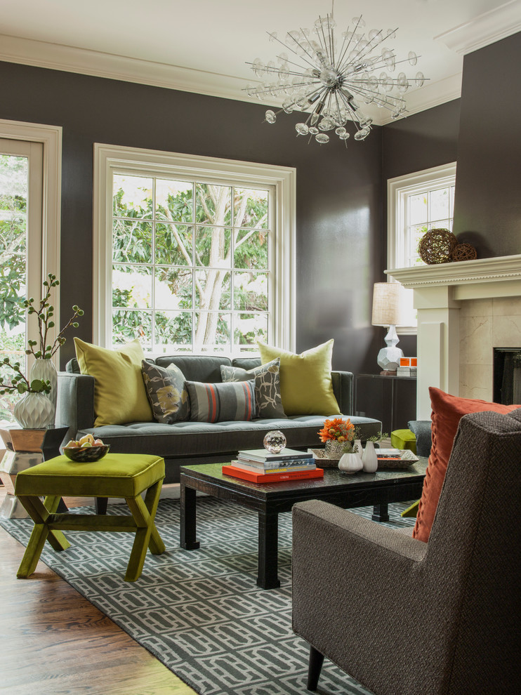 Design ideas for a classic living room in San Francisco with brown walls and feature lighting.
