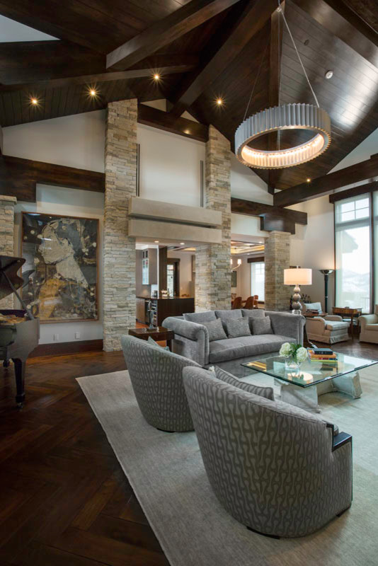 Inspiration for a large rustic open concept dark wood floor living room remodel in Salt Lake City with a music area, white walls, no fireplace and no tv