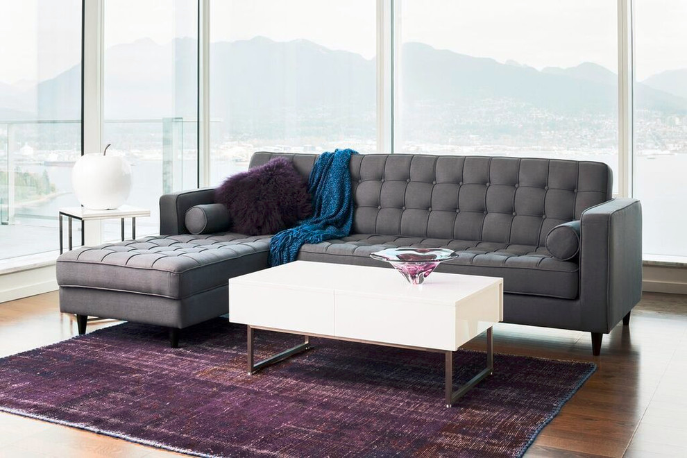 Example of a mid-sized trendy open concept medium tone wood floor living room design in Columbus