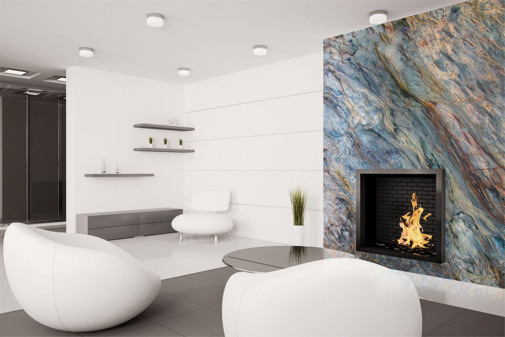 Design ideas for a medium sized contemporary open plan living room in Miami with white walls, a standard fireplace and a tiled fireplace surround.