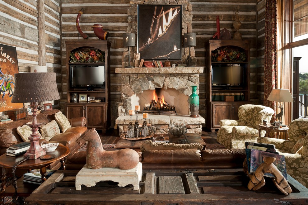 Design ideas for a medium sized rustic formal enclosed living room in Dallas with brown walls, medium hardwood flooring, a standard fireplace, a stone fireplace surround, no tv and brown floors.