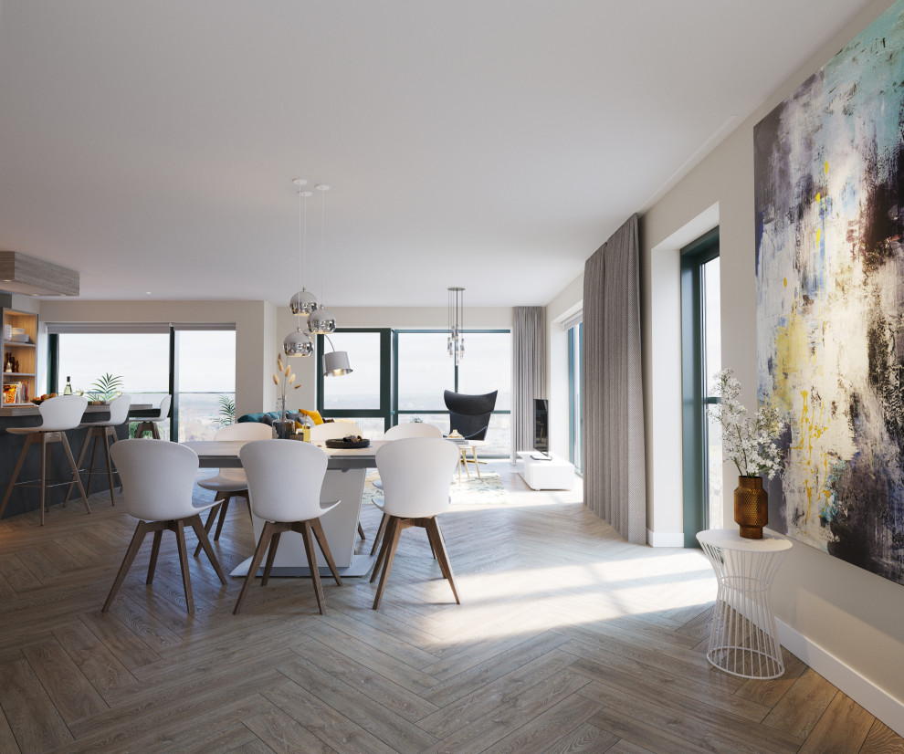 Foto de salón abierto contemporáneo grande sin chimenea con paredes grises, suelo de madera clara, televisor independiente y suelo gris