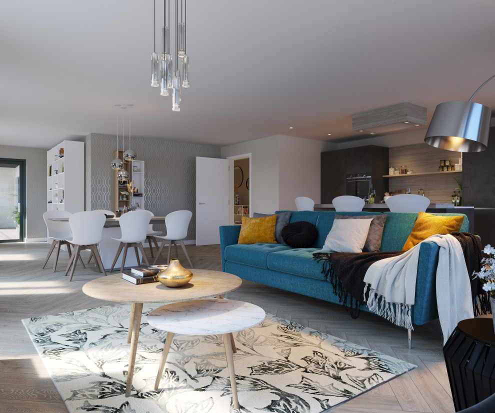 Großes, Offenes Modernes Wohnzimmer ohne Kamin mit grauer Wandfarbe, hellem Holzboden, freistehendem TV und grauem Boden in Glasgow