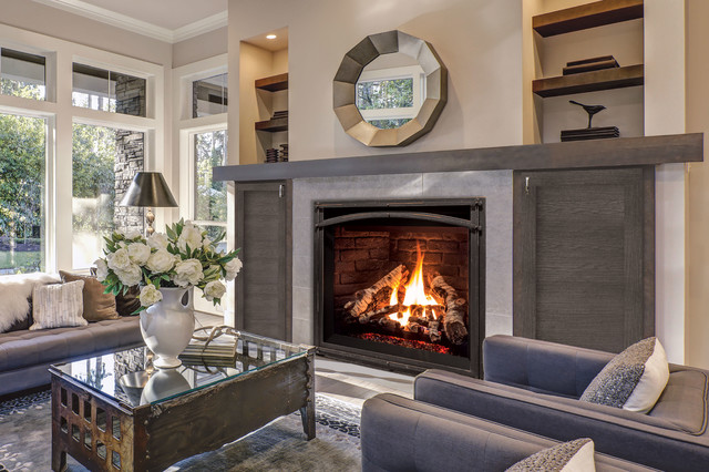 G42 Gas Fireplace - Birch Log Set, Brick Liner, and MB Forgeworks Surround  - Living Room - Vancouver - by Enviro