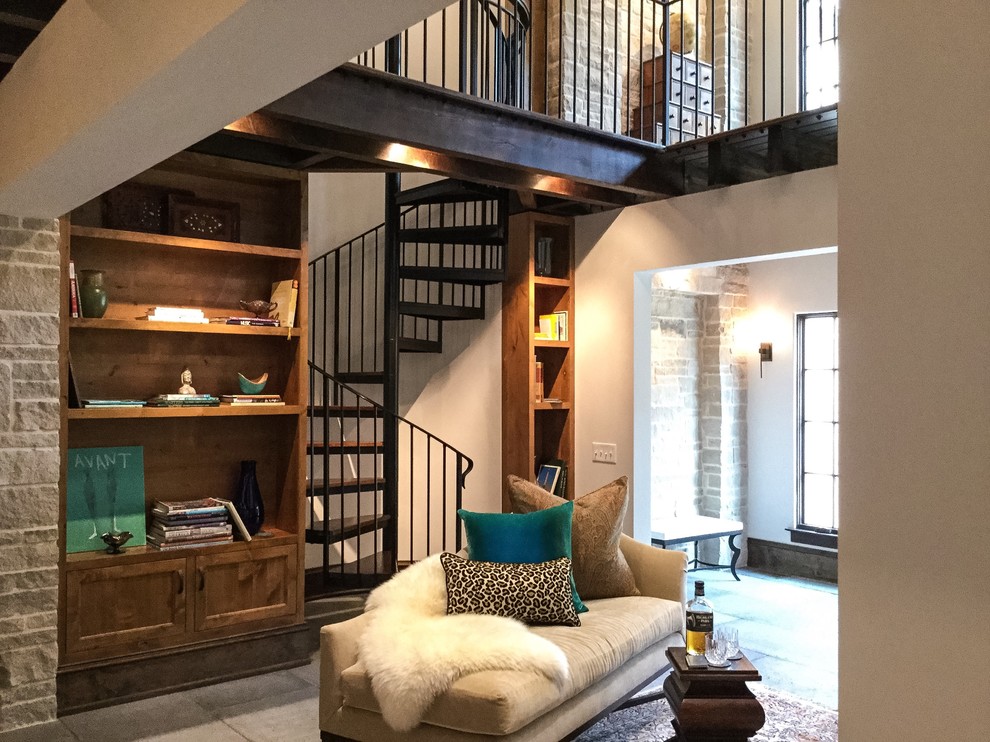 Medium sized industrial formal mezzanine living room in Atlanta with beige walls, ceramic flooring, no fireplace and no tv.