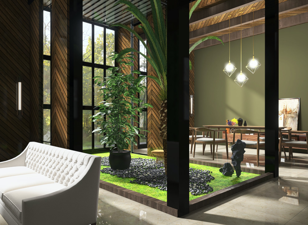 Großes, Offenes Rustikales Wohnzimmer mit grüner Wandfarbe, Marmorboden, TV-Wand, beigem Boden, freigelegten Dachbalken und Ziegelwänden in Sonstige