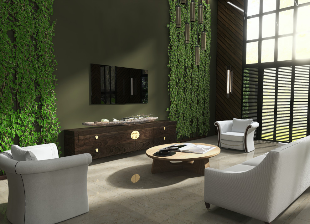Стильный дизайн: большая открытая гостиная комната в стиле рустика с зелеными стенами, мраморным полом, телевизором на стене, бежевым полом, балками на потолке и кирпичными стенами - последний тренд