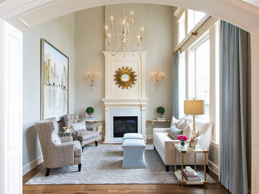 Design ideas for a classic formal and grey and cream enclosed living room in San Francisco with beige walls, medium hardwood flooring, a standard fireplace and a stone fireplace surround.