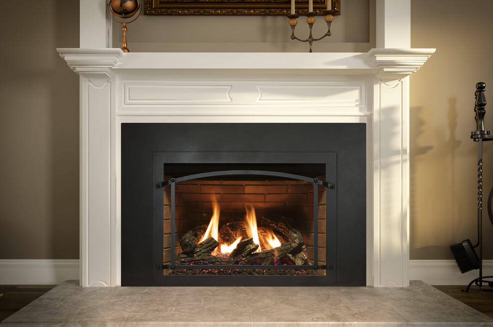 Example of a mid-sized classic formal and enclosed dark wood floor living room design in Boston with white walls, a standard fireplace, a stone fireplace and no tv