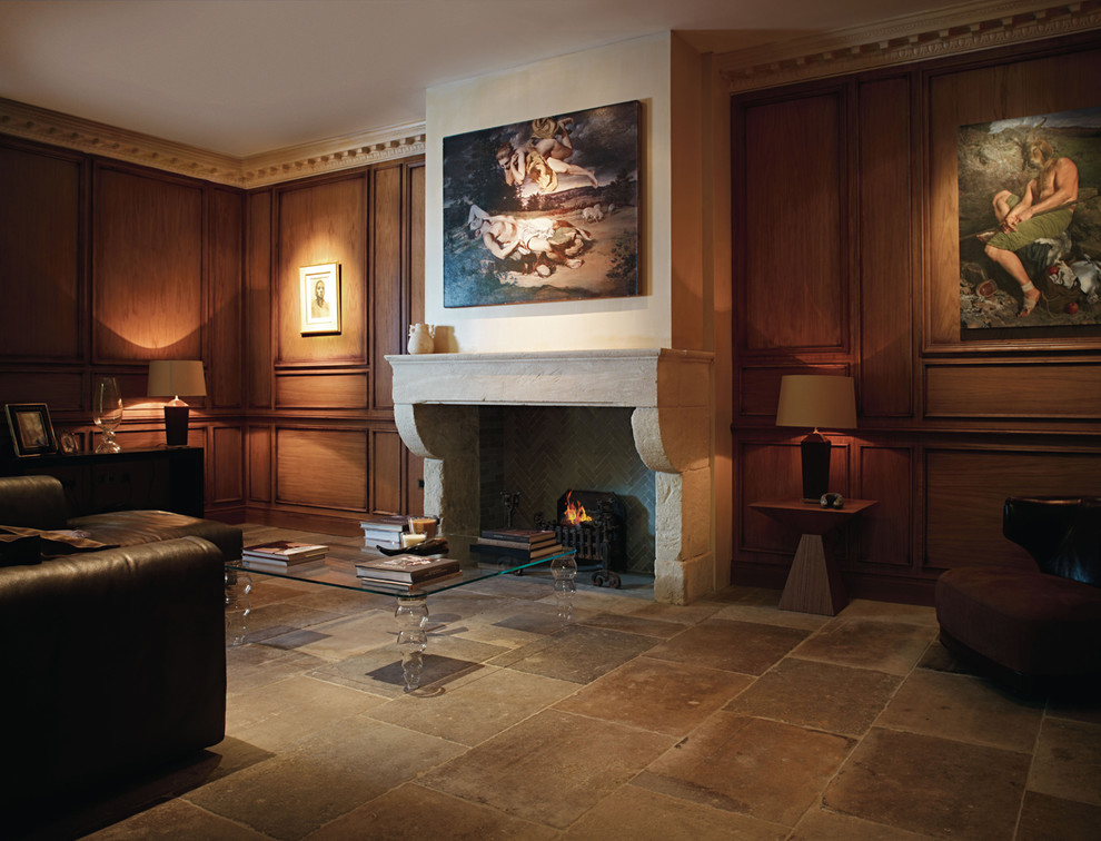 This is an example of a traditional living room in Other with limestone flooring.