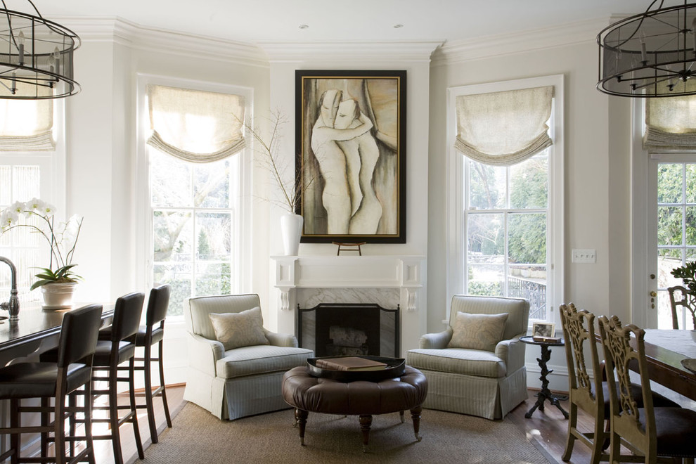 This is an example of a traditional living room in Baltimore with white walls.