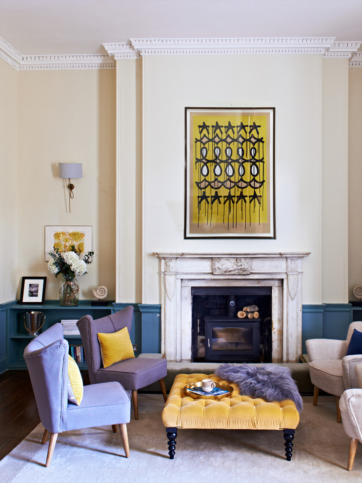 Living room - mid-sized 1960s dark wood floor and brown floor living room idea in Hertfordshire with blue walls