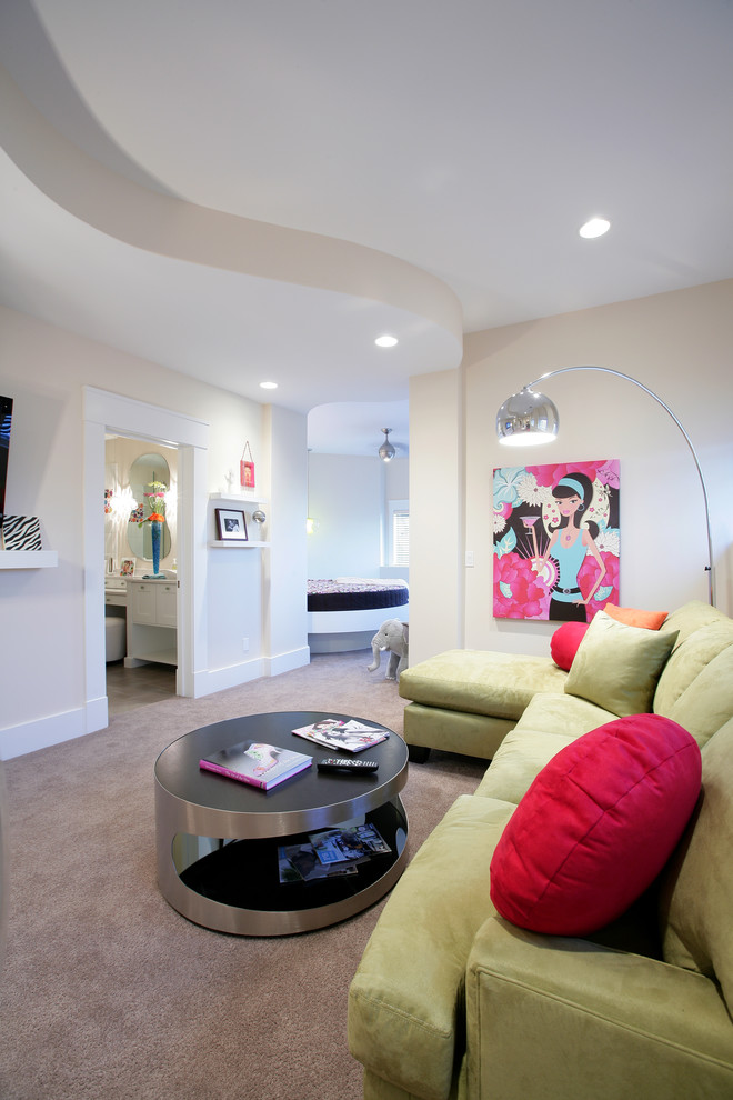 Идея дизайна: гостиная комната среднего размера в современном стиле с ковровым покрытием