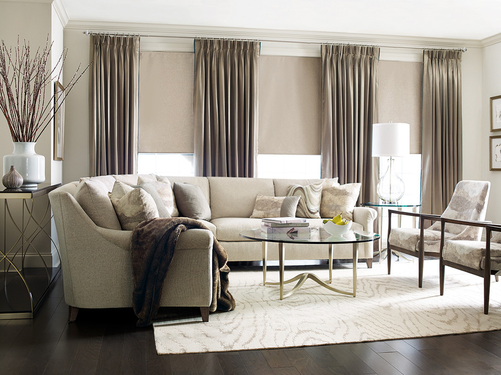 Living room - transitional open concept dark wood floor living room idea in Houston with beige walls and no fireplace