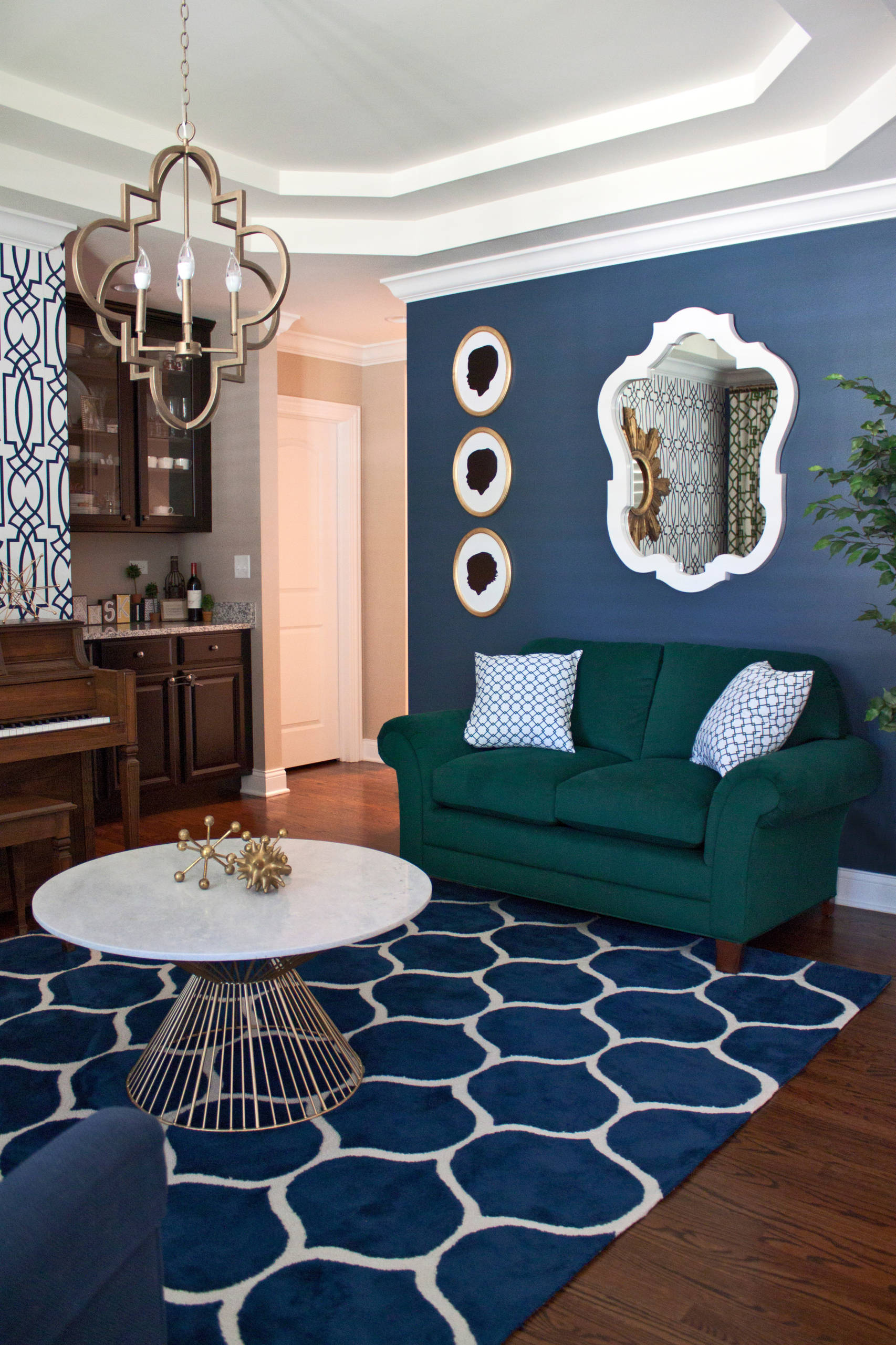 navy and gold sitting room