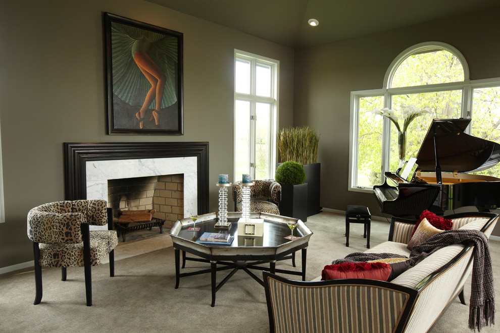 Inspiration for a traditional living room in Minneapolis with a music area, grey walls, carpet and a standard fireplace.