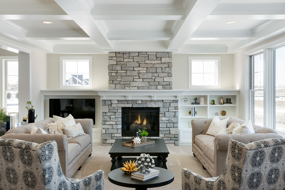 Design ideas for a classic living room in Minneapolis with beige walls, carpet, a standard fireplace, a stone fireplace surround, a wall mounted tv and beige floors.