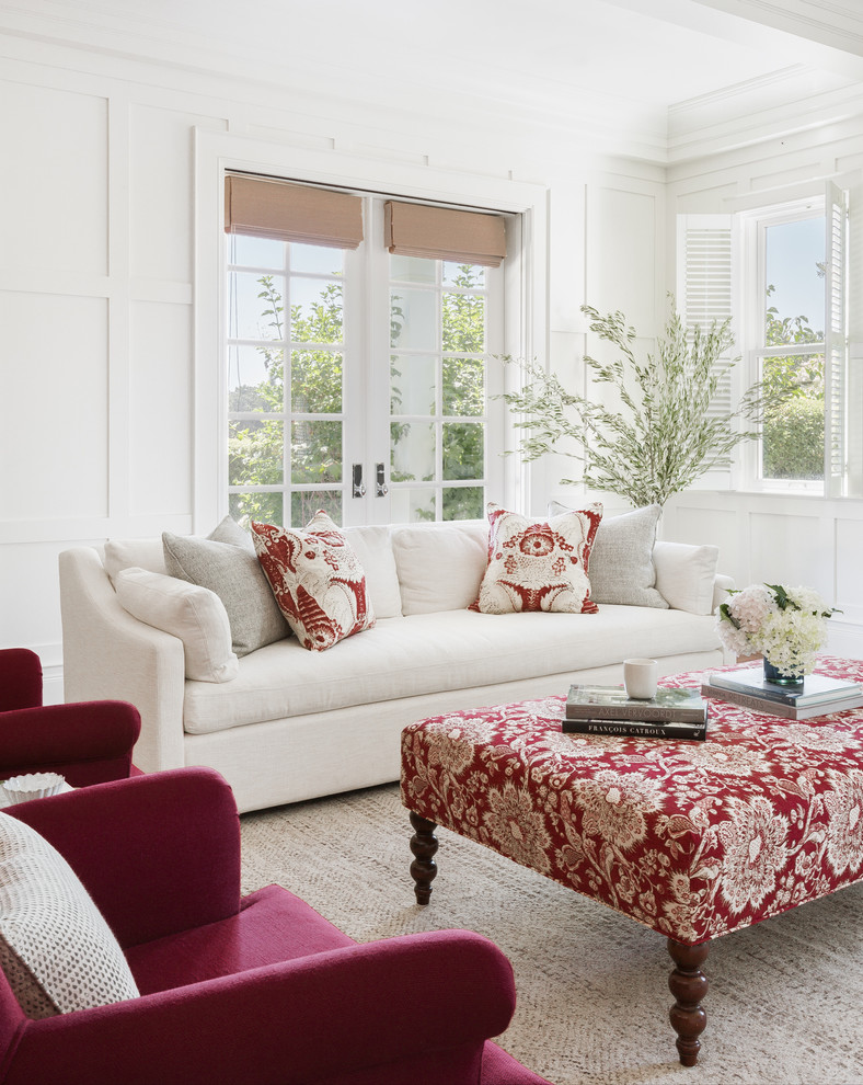 Living room - large cottage living room idea in San Francisco with white walls