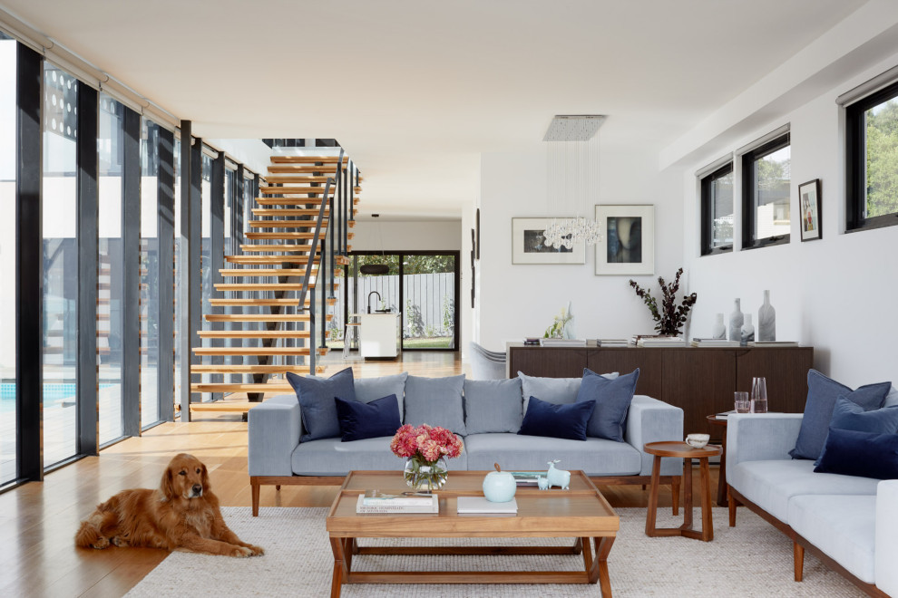 Immagine di un grande soggiorno minimal aperto con pareti bianche, pavimento in legno massello medio e pavimento marrone