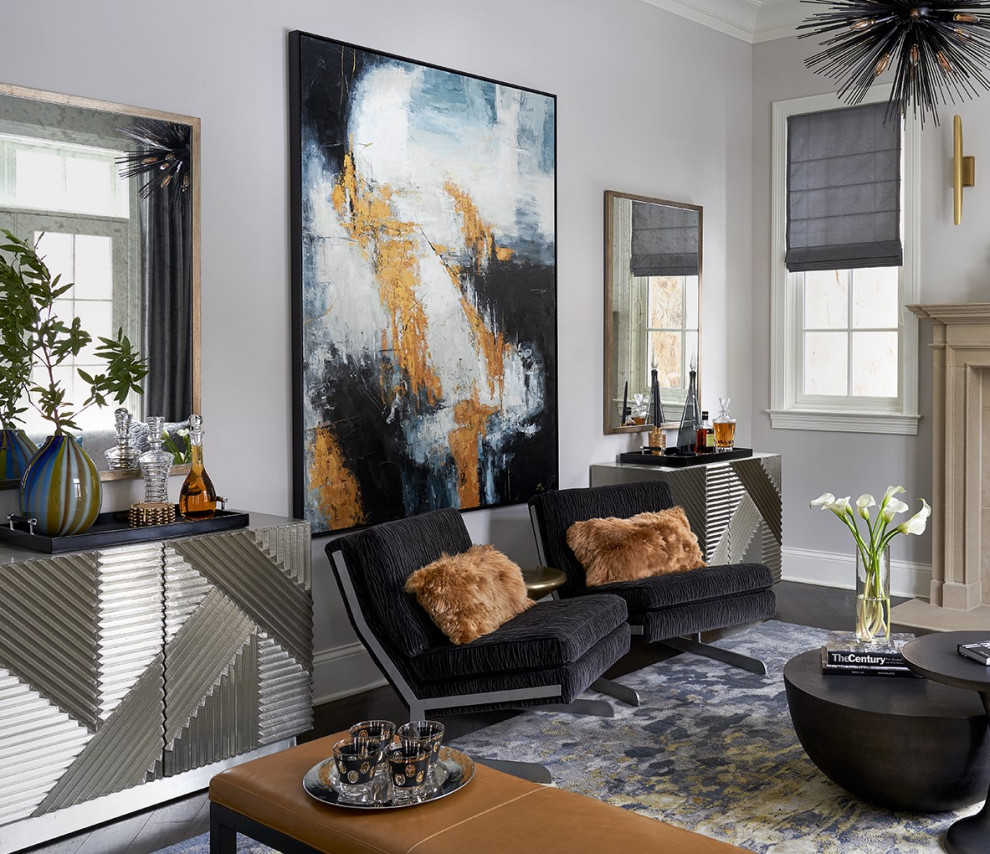 Eclectic open concept dark wood floor living room photo in Chicago with a bar and gray walls
