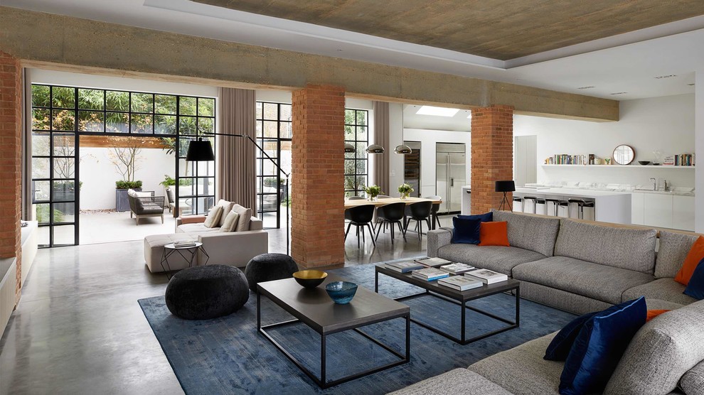 Стильный дизайн: большая парадная, изолированная гостиная комната в стиле модернизм с серыми стенами, бетонным полом, горизонтальным камином, фасадом камина из штукатурки и серым полом - последний тренд