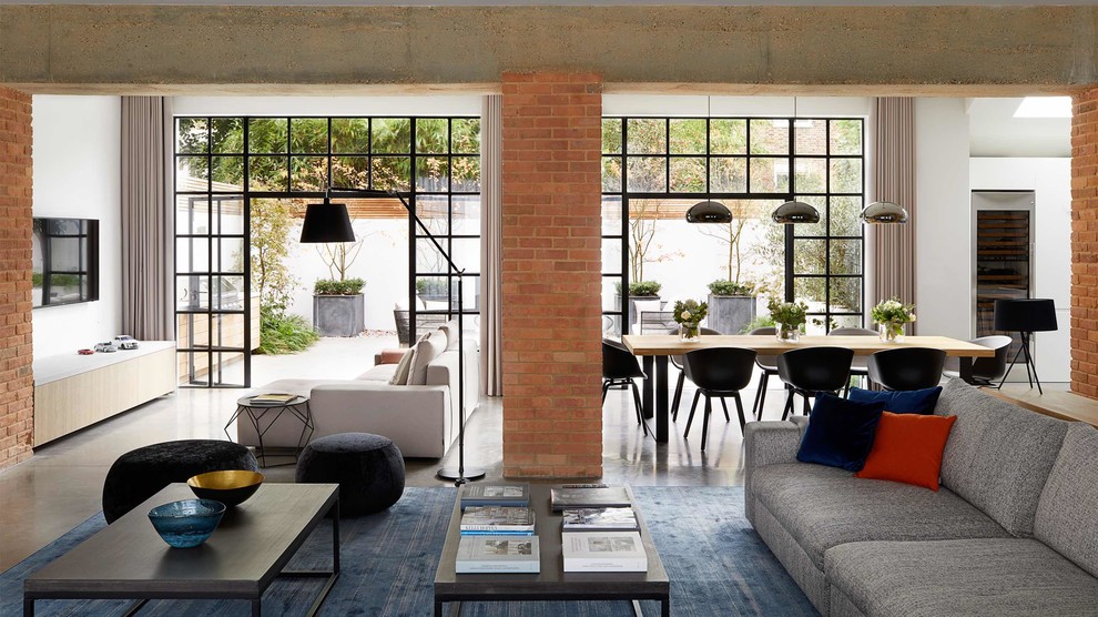 Пример оригинального дизайна: большая парадная, изолированная гостиная комната в стиле модернизм с серыми стенами, бетонным полом, горизонтальным камином, фасадом камина из штукатурки и серым полом