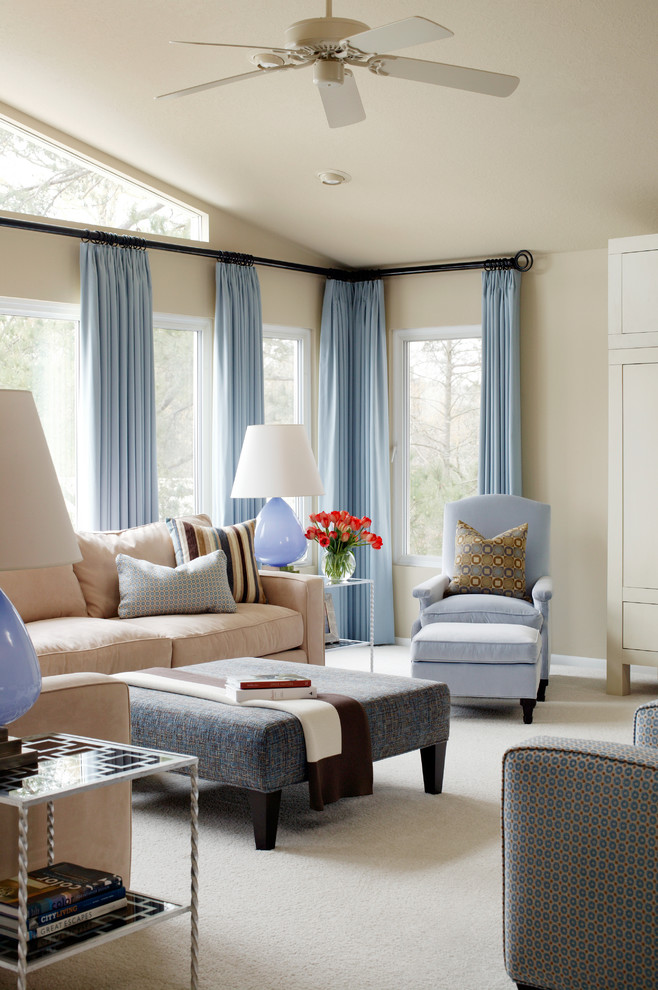 Living room - mid-sized transitional formal and enclosed carpeted living room idea in Little Rock with beige walls