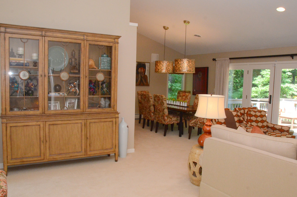 Large formal and open concept carpeted living room photo in Chicago with beige walls, no tv and no fireplace