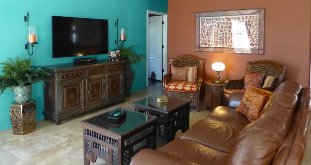 Large asian open concept living room photo in Phoenix with brown walls, no fireplace and a wall-mounted tv