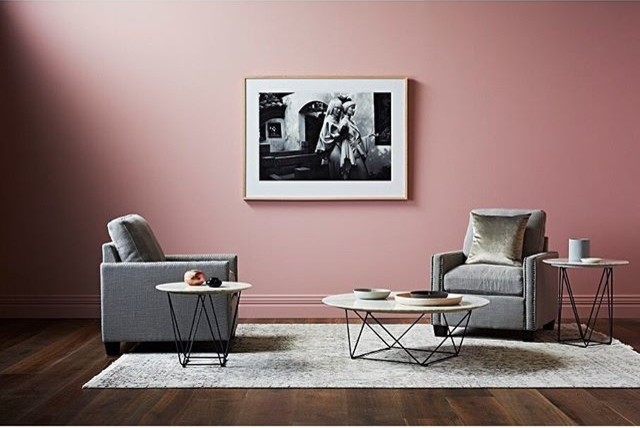 На фото: большая парадная, открытая гостиная комната в современном стиле с розовыми стенами и темным паркетным полом с