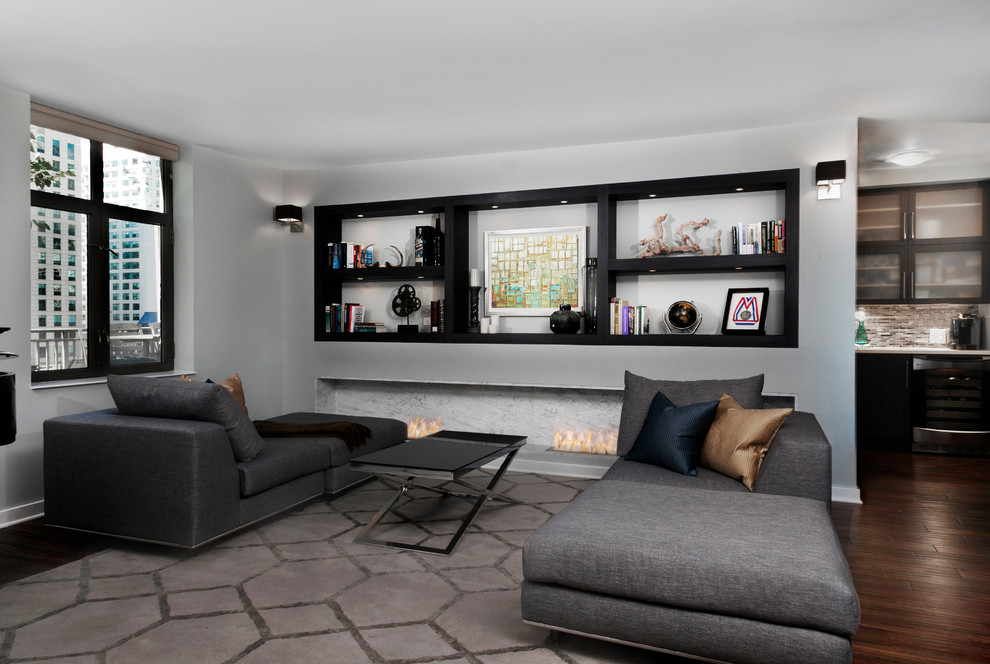 Example of a mid-sized minimalist open concept carpeted and brown floor living room design in Chicago with a music area, gray walls, a ribbon fireplace and a stone fireplace