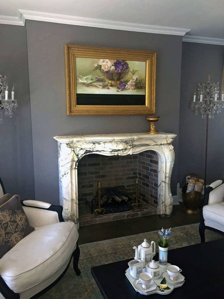 Photo of a large victorian formal open plan living room in Boston with grey walls, carpet, a standard fireplace, a stone fireplace surround and a wall mounted tv.